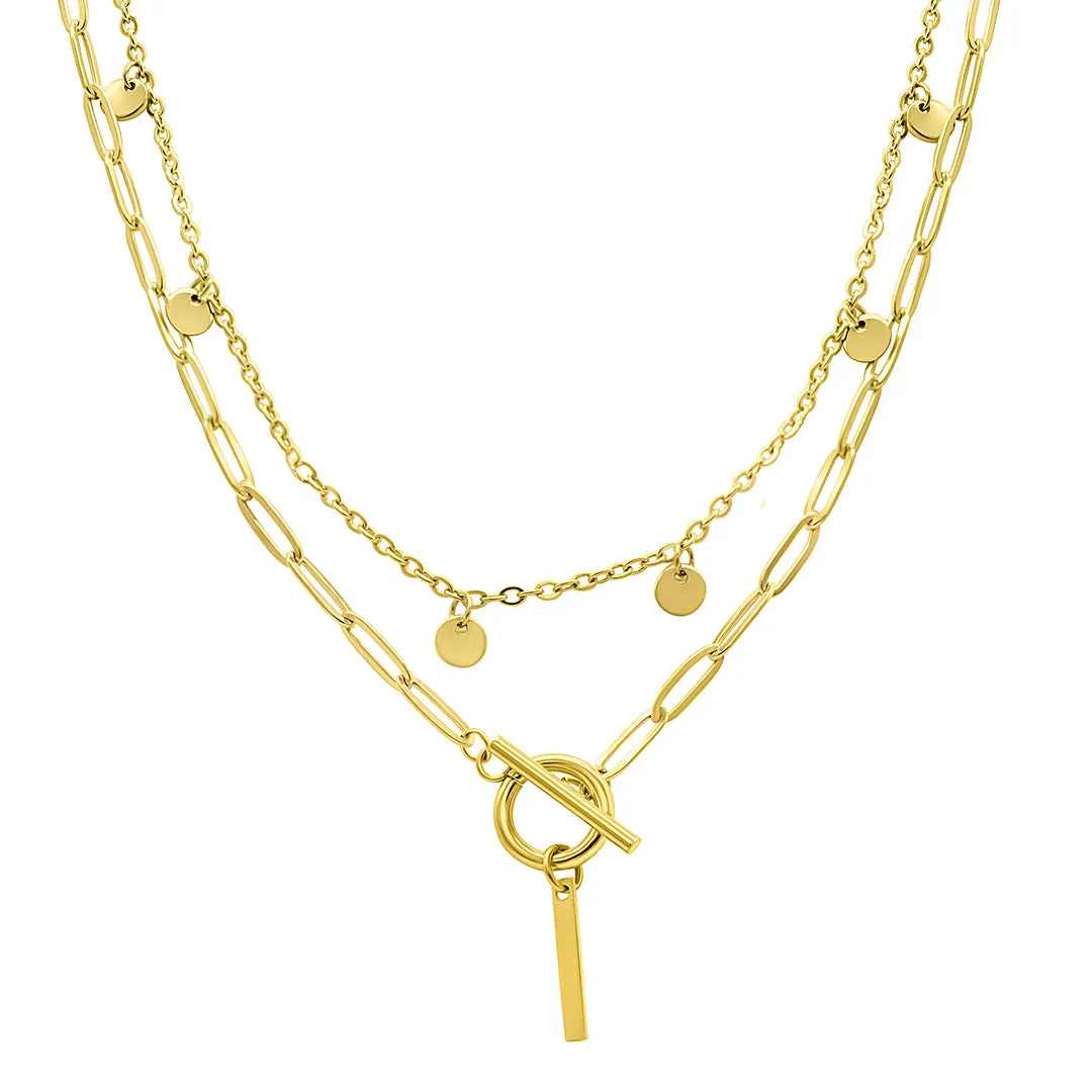 Tarnish Resistant 14K Gold Plated Confetti And Paperclip Layered Initial Toggle Necklace