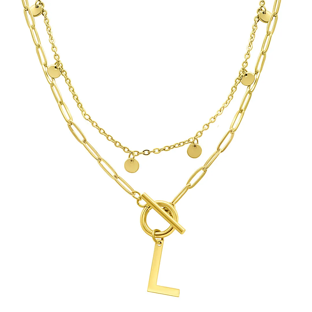 Tarnish Resistant 14K Gold Plated Confetti And Paperclip Layered Initial Toggle Necklace