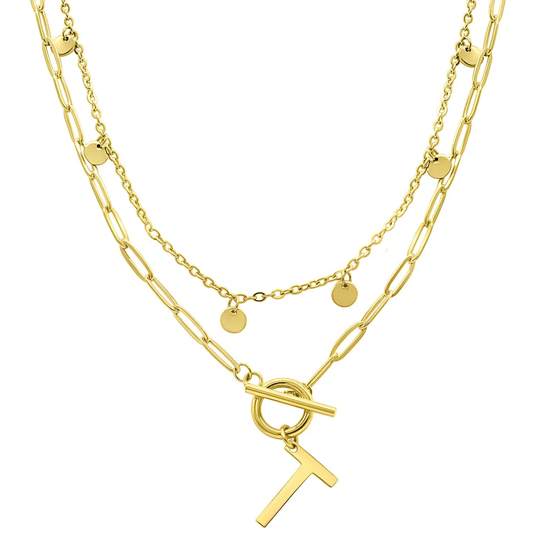 Tarnish Resistant 14K Gold Plated Confetti And Paperclip Layered Initial Toggle Necklace