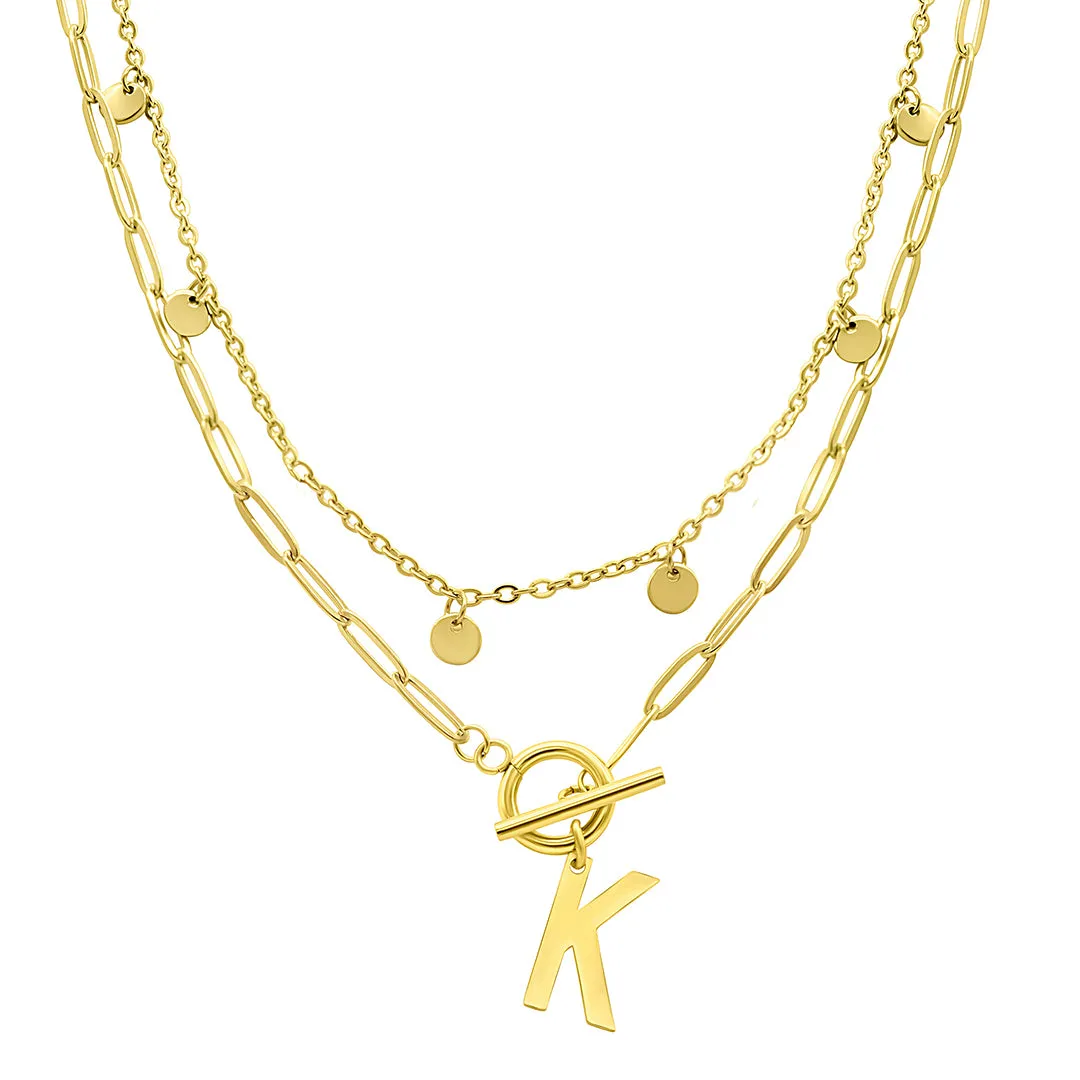 Tarnish Resistant 14K Gold Plated Confetti And Paperclip Layered Initial Toggle Necklace