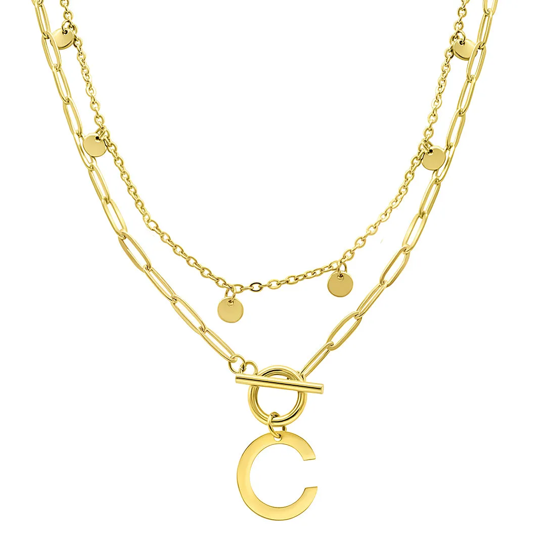 Tarnish Resistant 14K Gold Plated Confetti And Paperclip Layered Initial Toggle Necklace