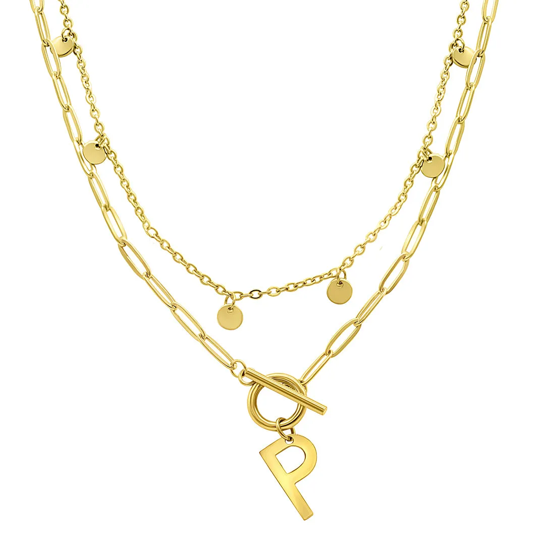 Tarnish Resistant 14K Gold Plated Confetti And Paperclip Layered Initial Toggle Necklace