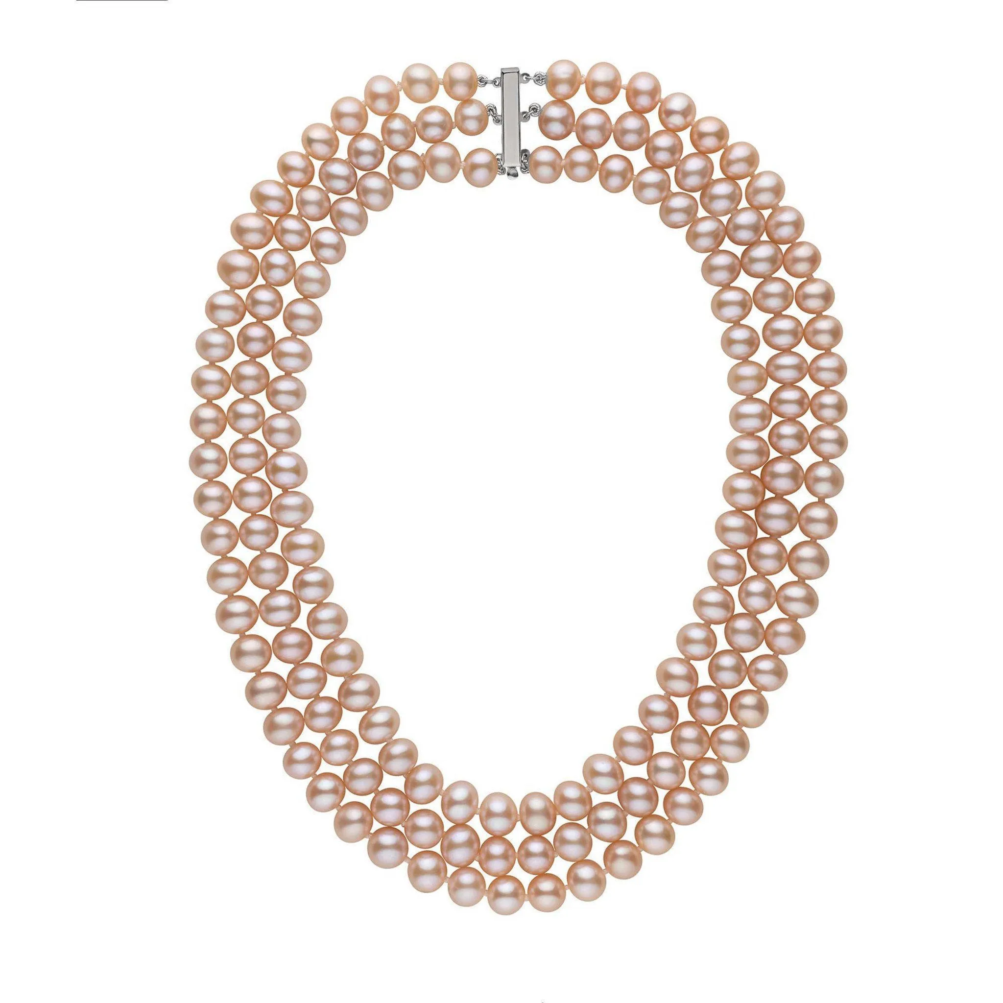 Triple Strand 8.5-9.0 mm AA  Pink to Peach Freshwater Pearl Necklace