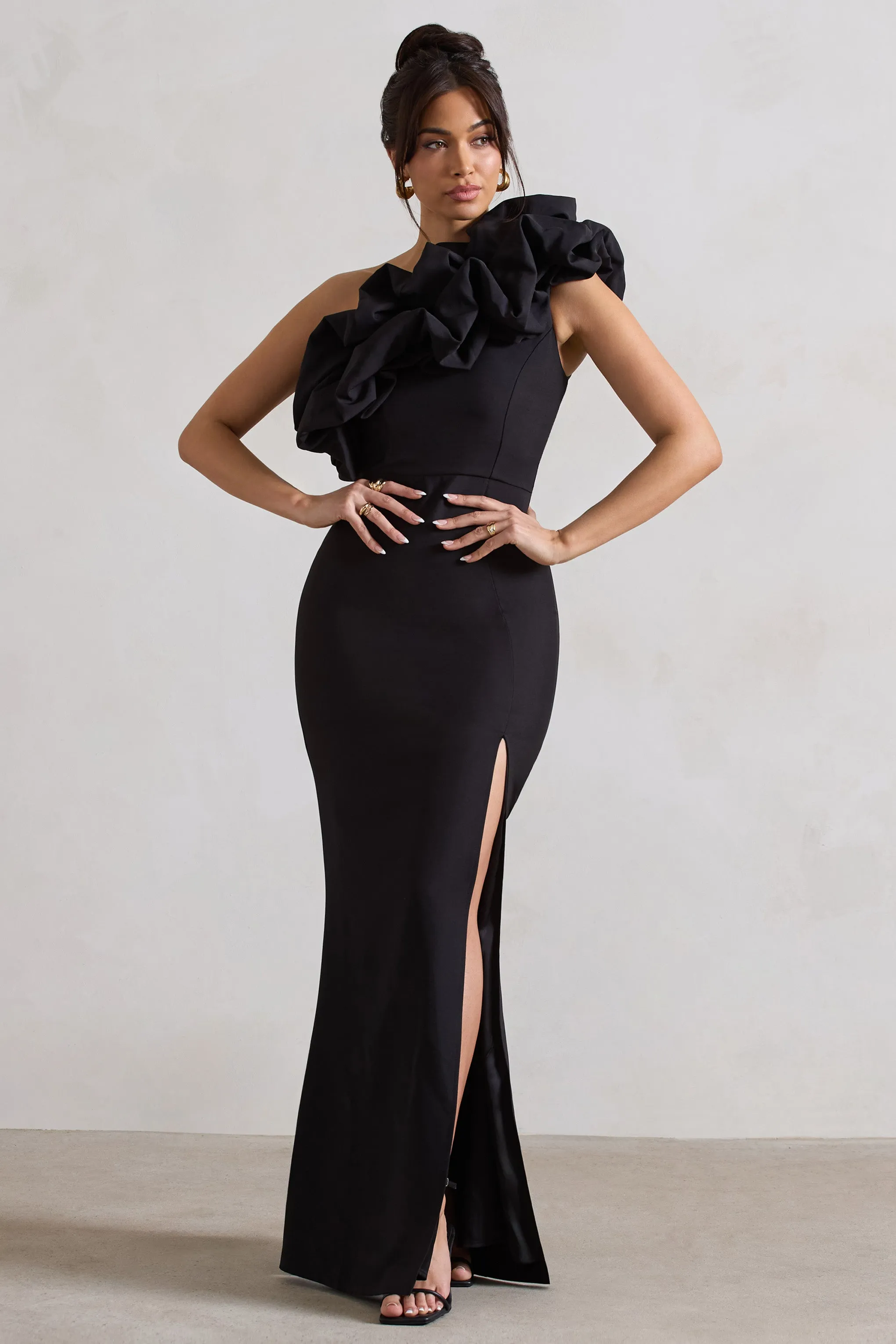 Vienne | Black One Shoulder Ruffle Split Maxi Dress