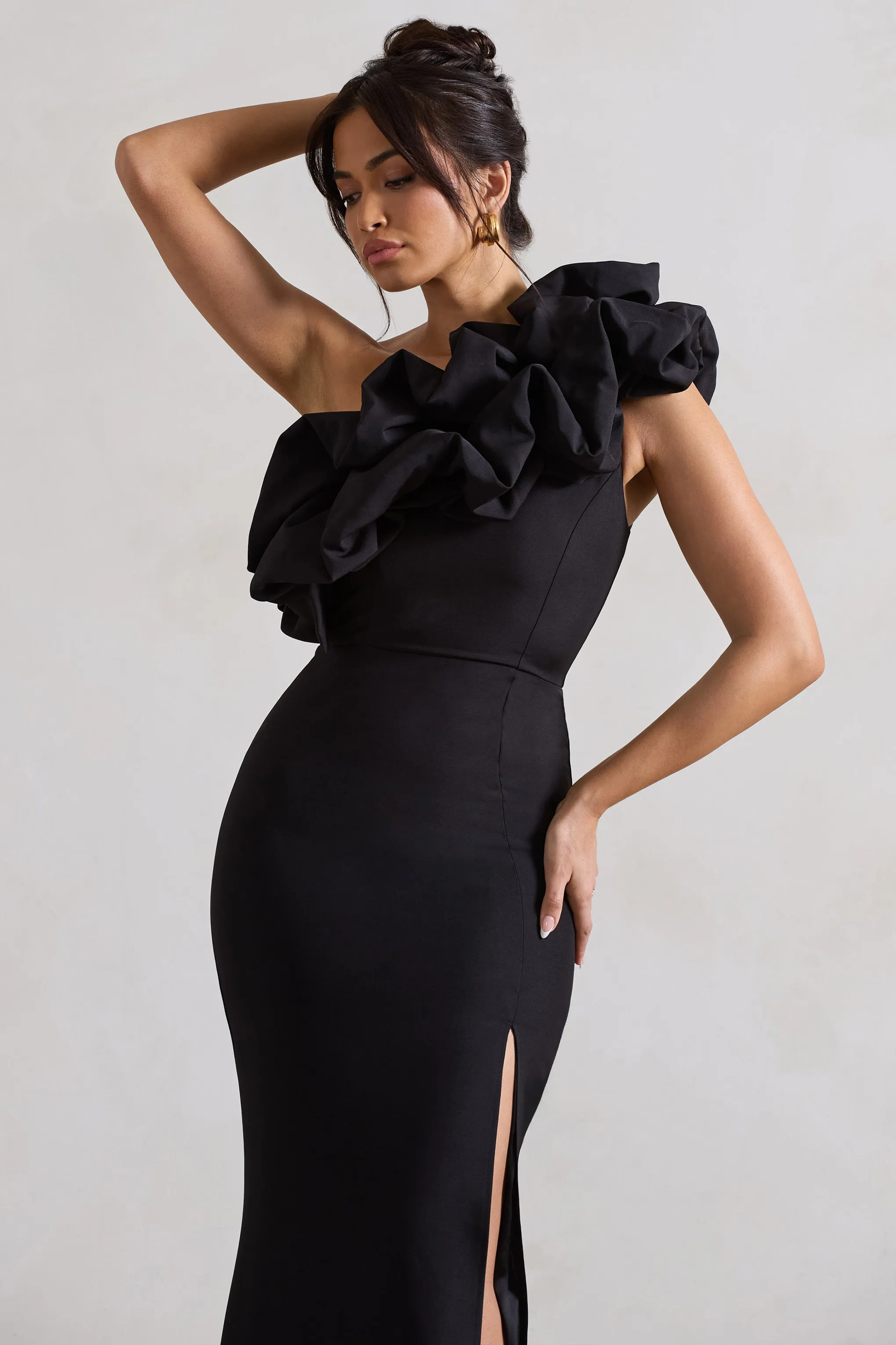 Vienne | Black One Shoulder Ruffle Split Maxi Dress