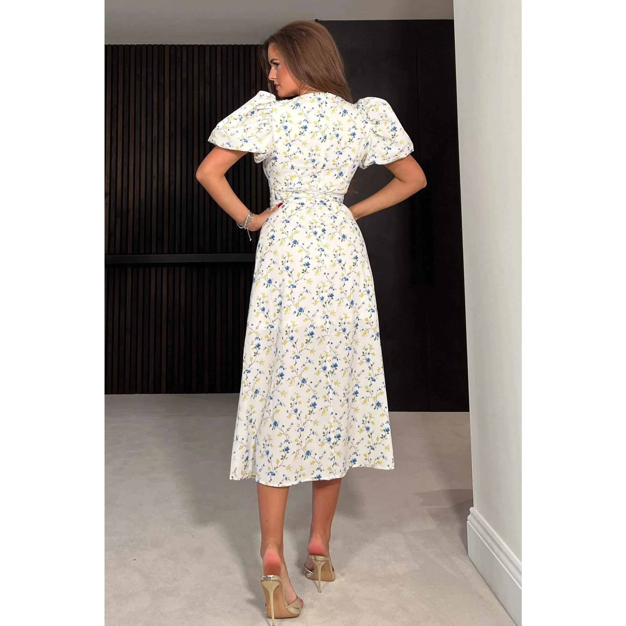 White & Blue Floral Print Square Neck Midi Dress