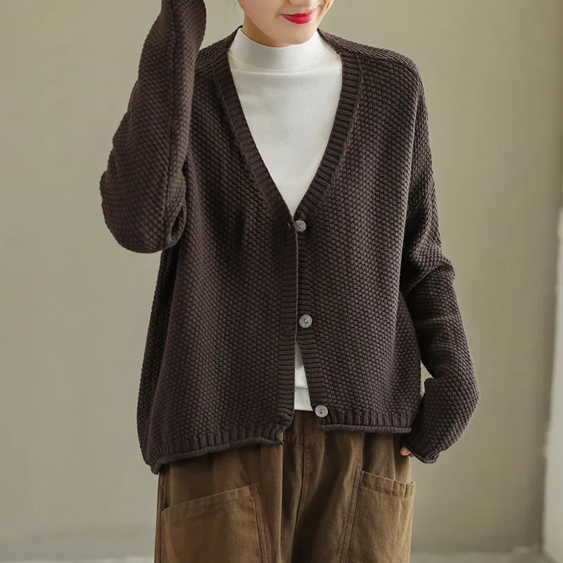 Women Autumn Solid V-Neck Cotton Knitted Cardigan