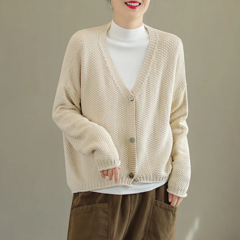 Women Autumn Solid V-Neck Cotton Knitted Cardigan