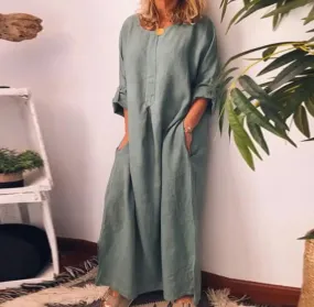 Women Casual Cotton Linen Long Dress Oversized Long Sleeve 2XL B-79710