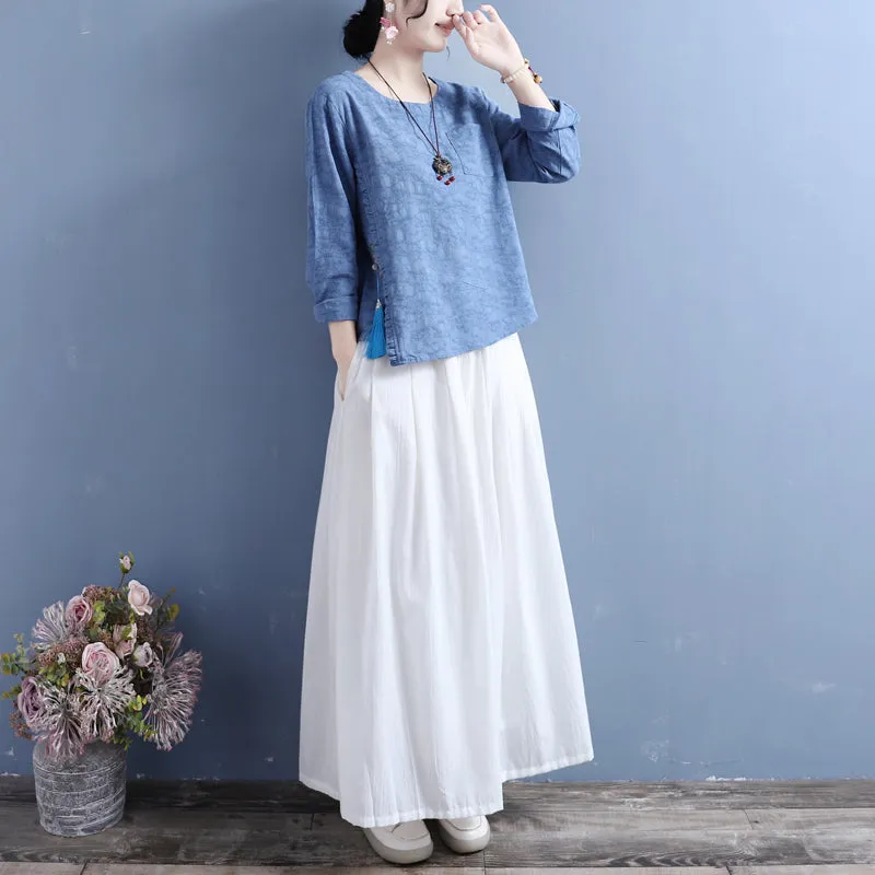 Women Cotton Linen Autumn Long Sleeve Tassel T-Shirt