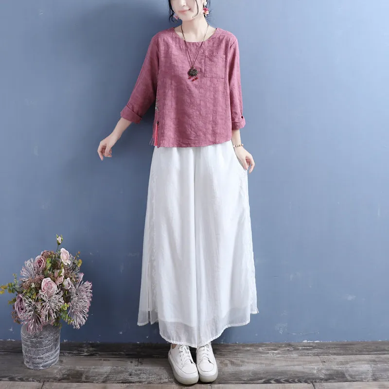 Women Cotton Linen Autumn Long Sleeve Tassel T-Shirt