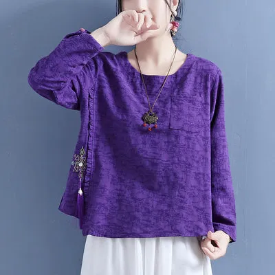 Women Cotton Linen Autumn Long Sleeve Tassel T-Shirt